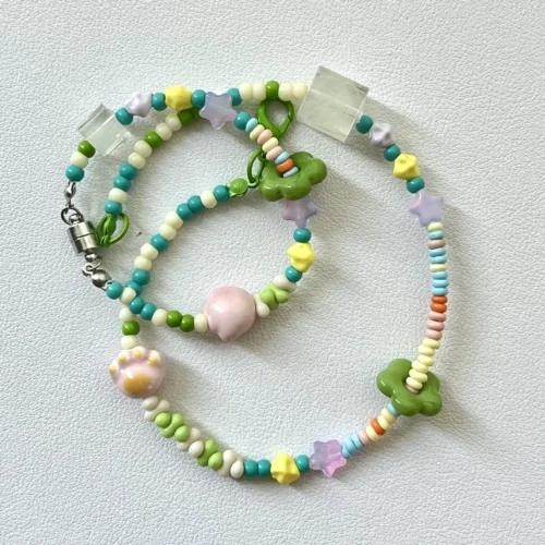 Handmade Cat Necklace & Parent-Child Bracelet Beads Pink Cat Claws and Green Flowers Bracelet